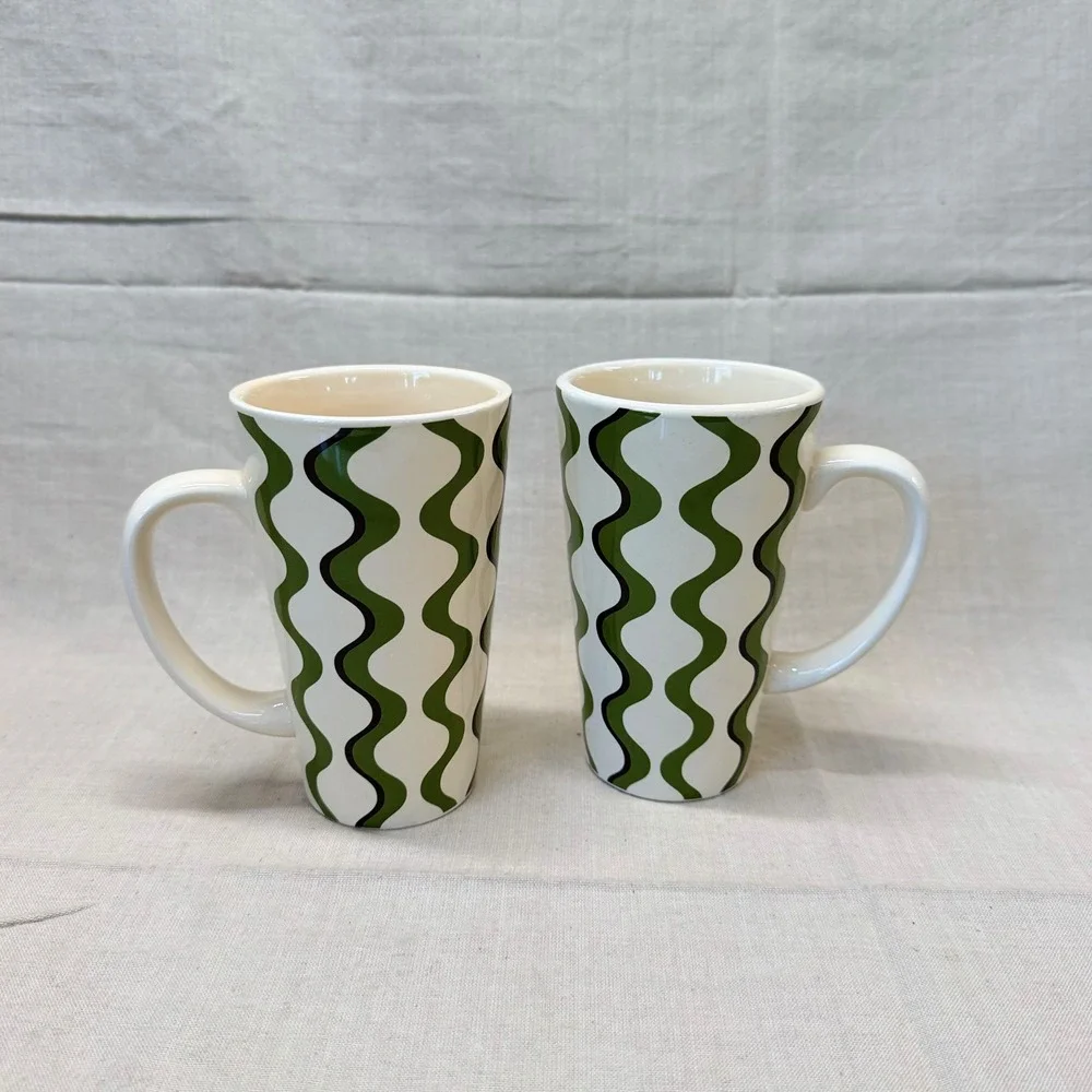 Pier 1 Wavy Mod Ironstone Coffee Mugs Green Brown Cream Set of 2 Retro Style Y2K